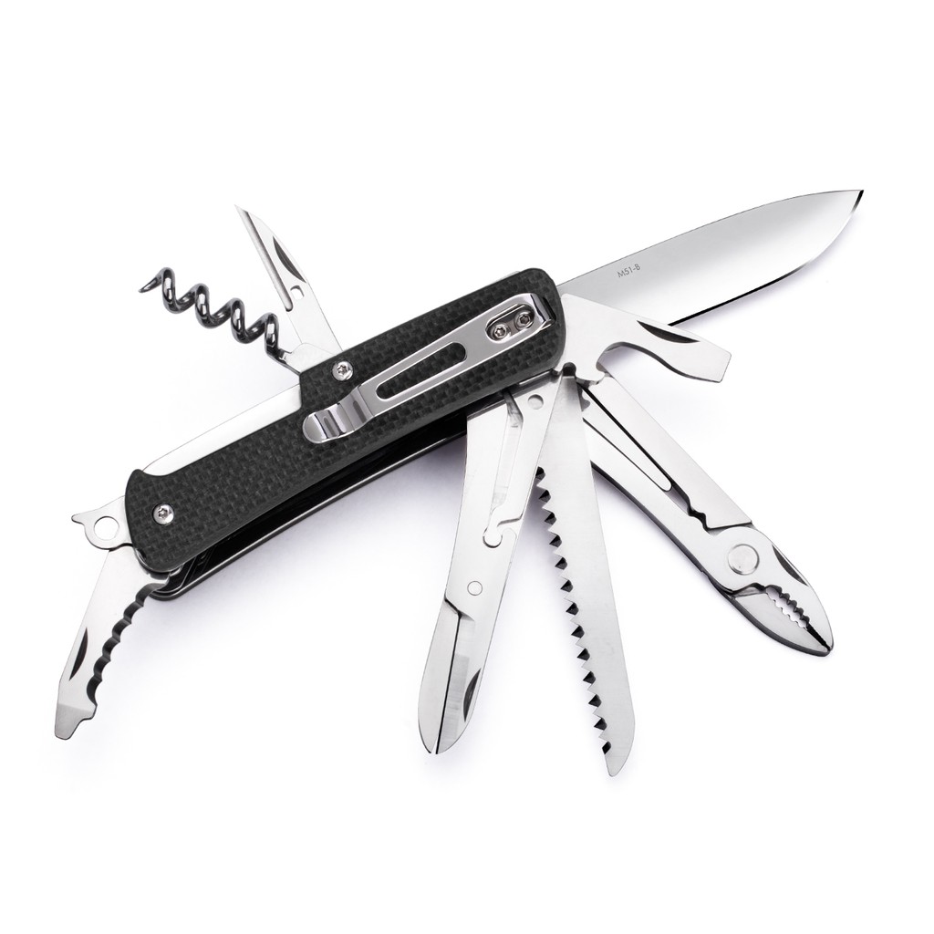 RUIKE M51 - Multifunction, EDC/Outdoor/Emergency, Med Blade, Glass Breaker, Tweezers, Pocket Clip, Retractable Ring