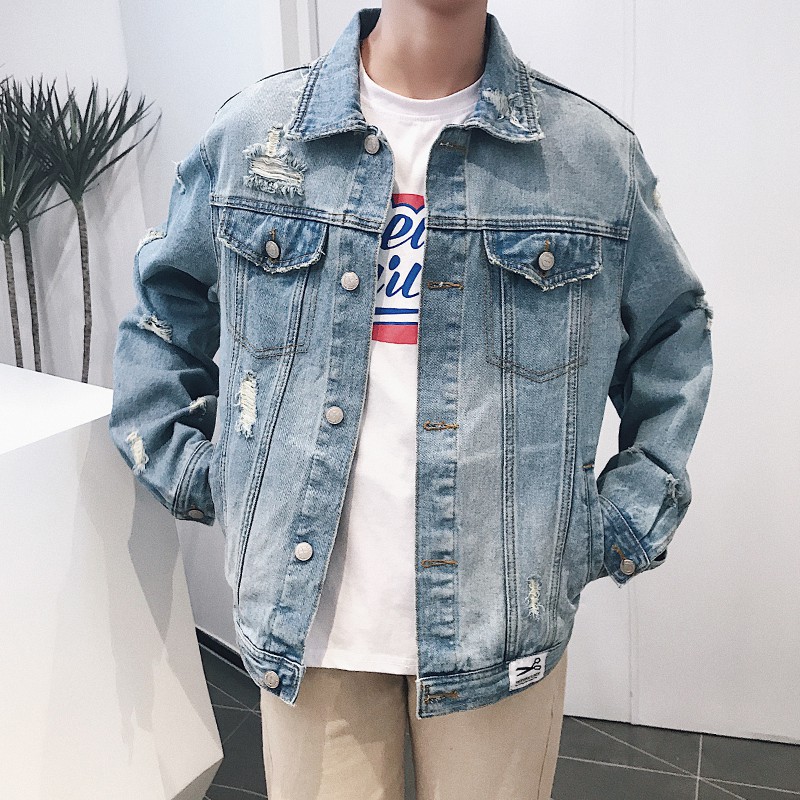 Ripped Oversized Denim Jacket Mens Vinage Distressed Denim Jackets Hip Hop Male Shopee Malaysia