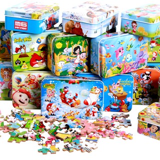 Early Learning 60pcs/type of Jigsaw Puzzle with Iron Box Wooden Educational Cartoon Puzzle Toys