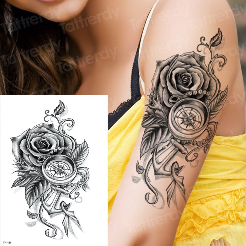 temporary tattoo rose compass temporary sleeve tattoos arm black tattoo 3D  sexy tatoo girl women body art tatto sticker decal | Shopee Malaysia