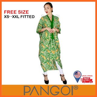 PANGOI Kain Dolby Batik  Long Kaftan Dress  Hijau Oren  Corak 