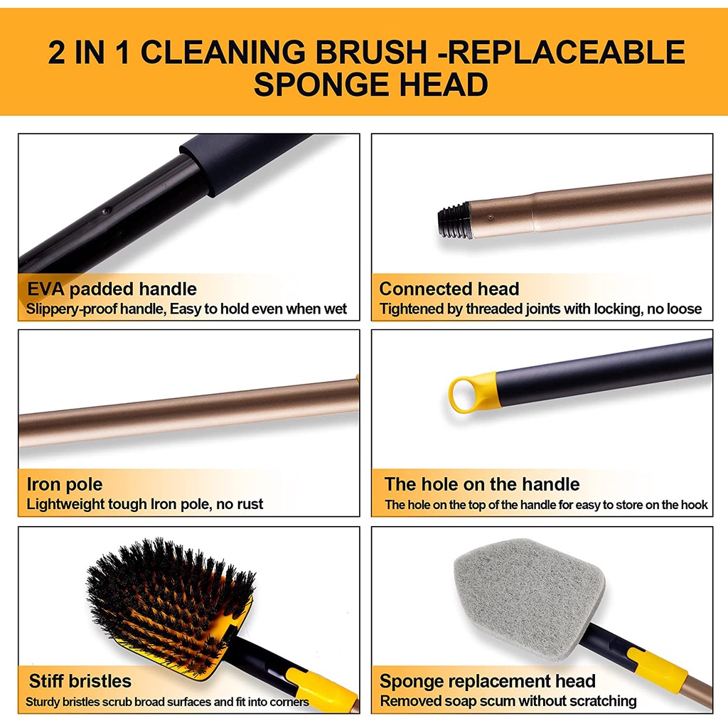 Versatile Purpose New BOOMJOY Tub Tile Scrubber Brush 2 1 Cleaning 58.2" Adjustable Telescopic Pole Stiff Bristles Sc... - Image 3
