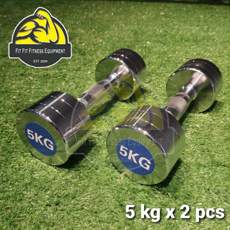Ready Stocks  Dumbbell 5kg x 2pcs Fit Fit Fitness Metal Steel CHROME Round Fix Weight SOLID