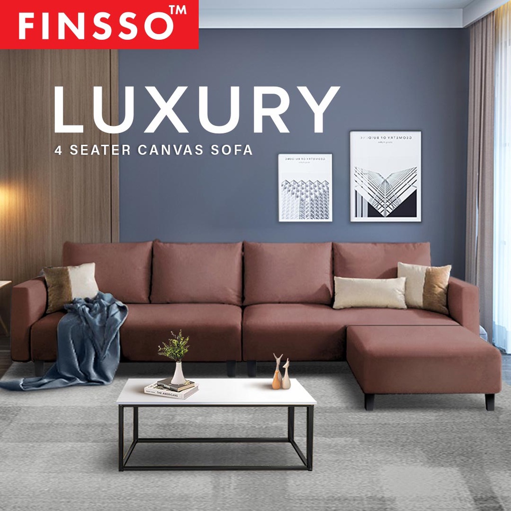 FINSSO: Lauren 388 4 Seater L Shape Designer Canvas Sofa with Stool 1 YEAR WARRANTY [FREE INSTALLATION]