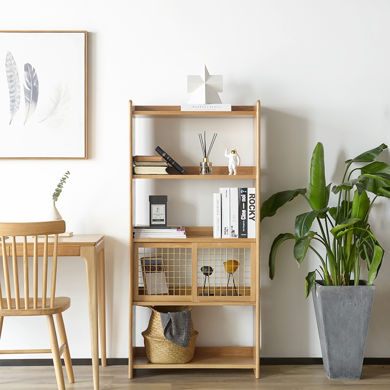 Nordic Wood Bookshelf Modern Minimalist Living Room White Oak