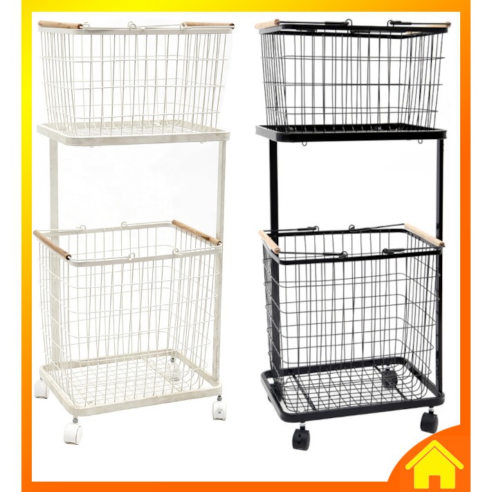 [OneHome] 2 Tier Laundry Basket Rack Wheel Trolley Easy Move Dirty