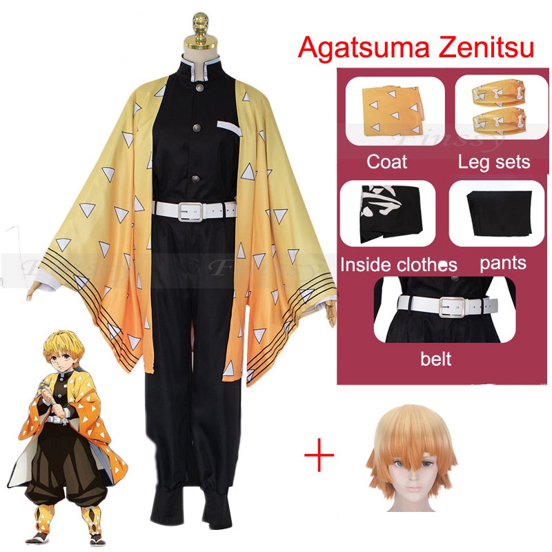  Adult and kids Anime Demon Slayer Cosplay Costume Agatsuma Zenitsu Kimetsu no Yaiba Men Kimono Yellow Uniform Suit