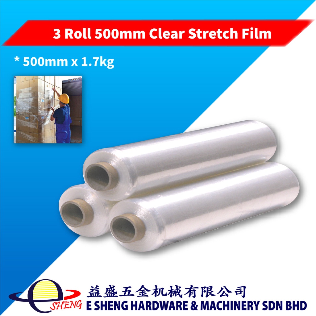 (3 Roll) 500mm x 1.7kg Clear Stretch Film / Wrapping Plastic Wrap Roll ...