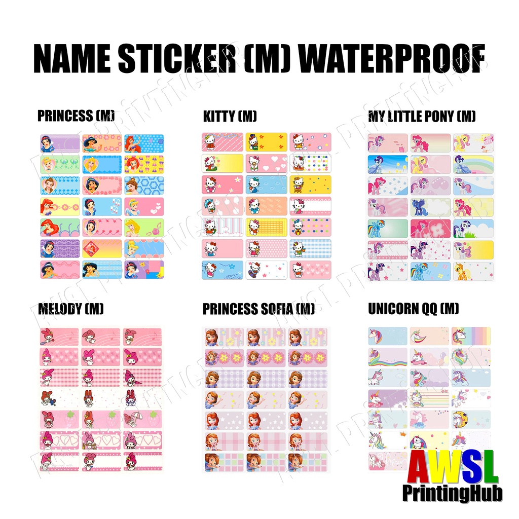 Name Sticker M (50) Waterproof Sticker Cartoons MEDIUM 1 Sticker Label Print Chinese, Malay or English Name