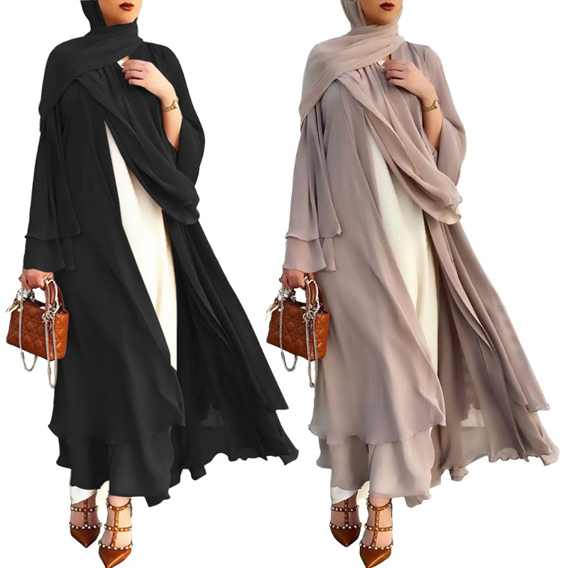 Women Muslim Long Sleeve Flowy Maxi Cardigan Islamic Open Front Kimono Abaya Robe Turkey Kaftan Solid Color Belted Loose