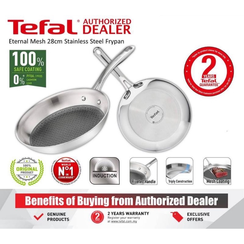 TEFAL ETERNAL MESH 28CM STAINLESS STEEL FRYPAN E49706 E4970634 INDUCTION WOK COOK COOKWARE FRY