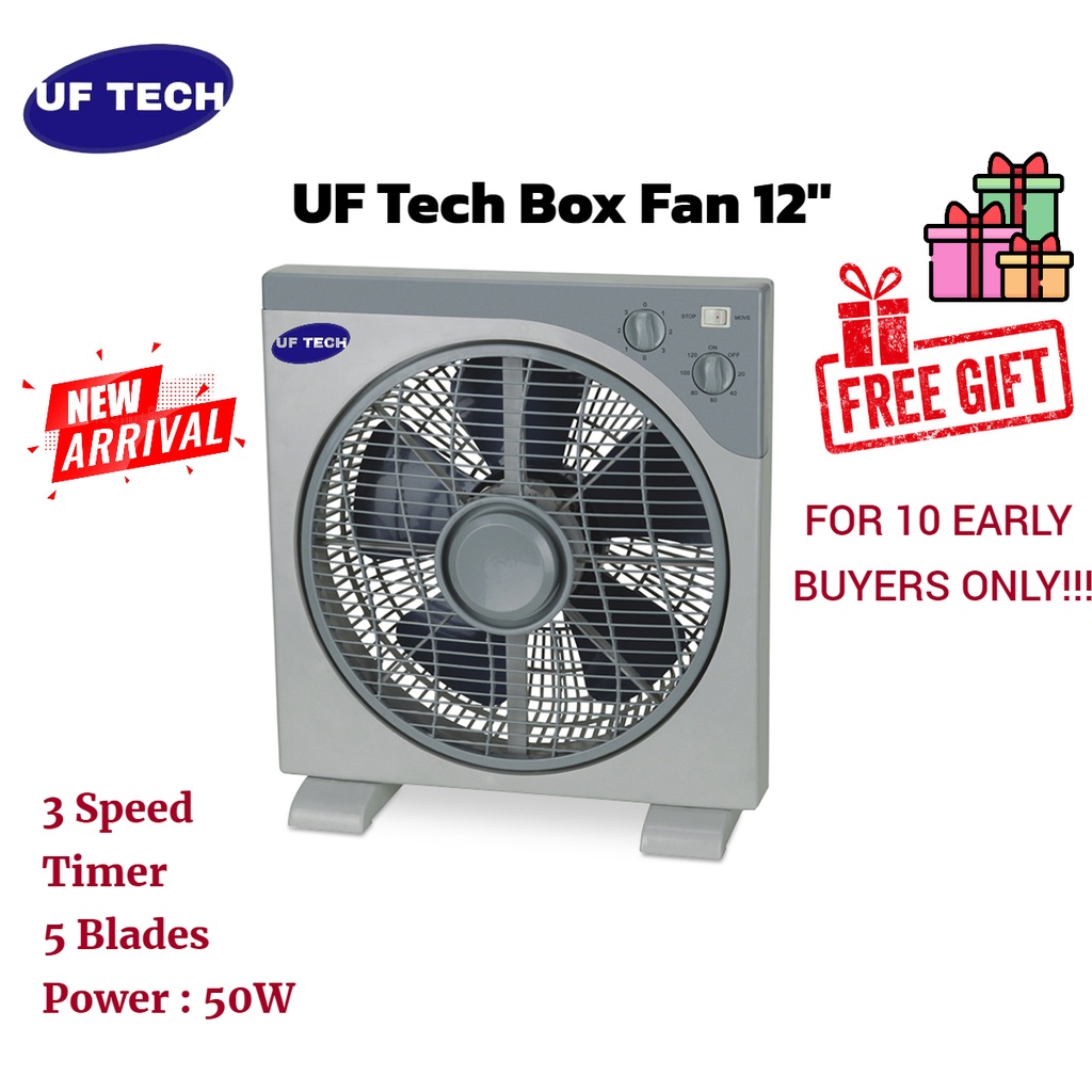 UF Tech Box Fan 12'' KYT-30A Simple Design Air Cooling Smart Timer 3 Speed Murah Table Fan Stand fan