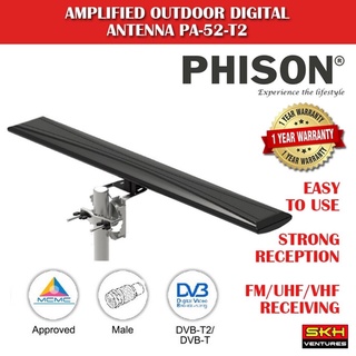 Phison UHF VHF Amplified Outdoor Digital Antenna (PA-52-T2) - UHF VHF/Support MYTV/Signal Booster/15 Meter Cable/1 Year