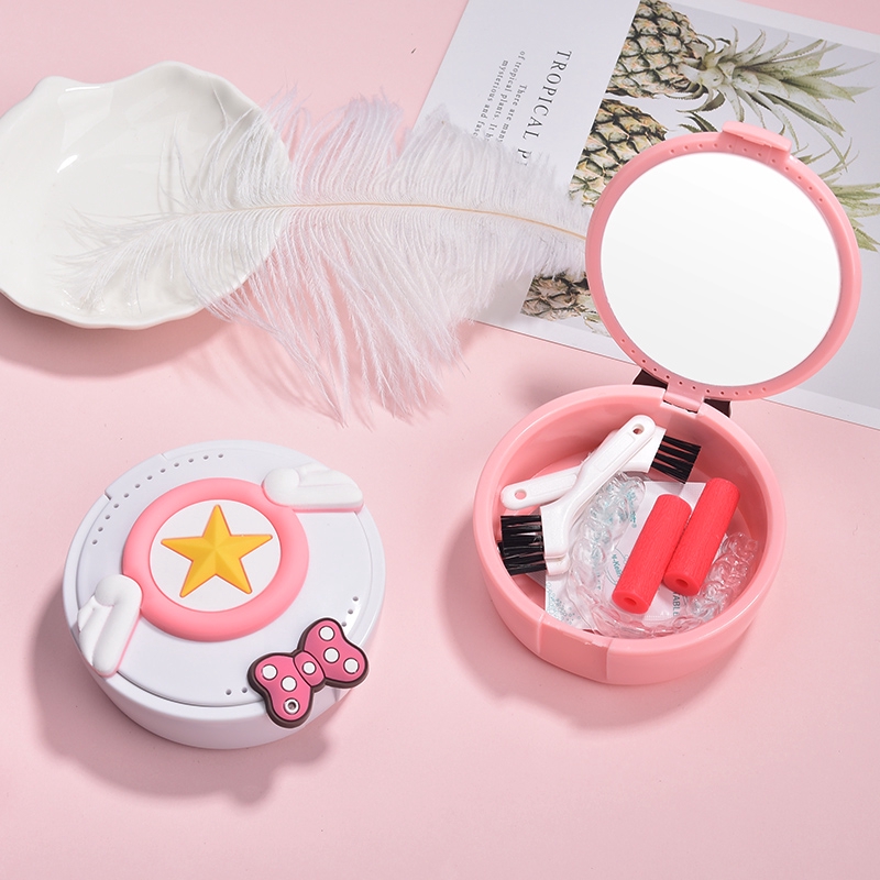Retainer Box Cute Retainer Case with Builtin Mirror+Cleaning Tablets Dental Denture Storage