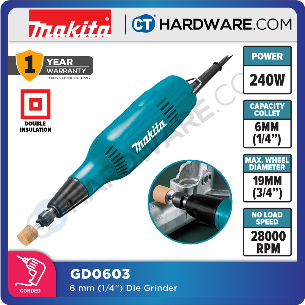 MAKITA GD0603 CORDED DIE GRINDER 240W 6MM (1/4") HIGH SPEED (28,000 RPM
