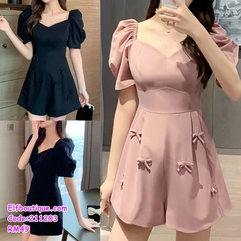READY STOCK Woman Short Puff Sleeve V-Neck High Waist Sweety Ribbon Jumpsuit Black/Pink 211203