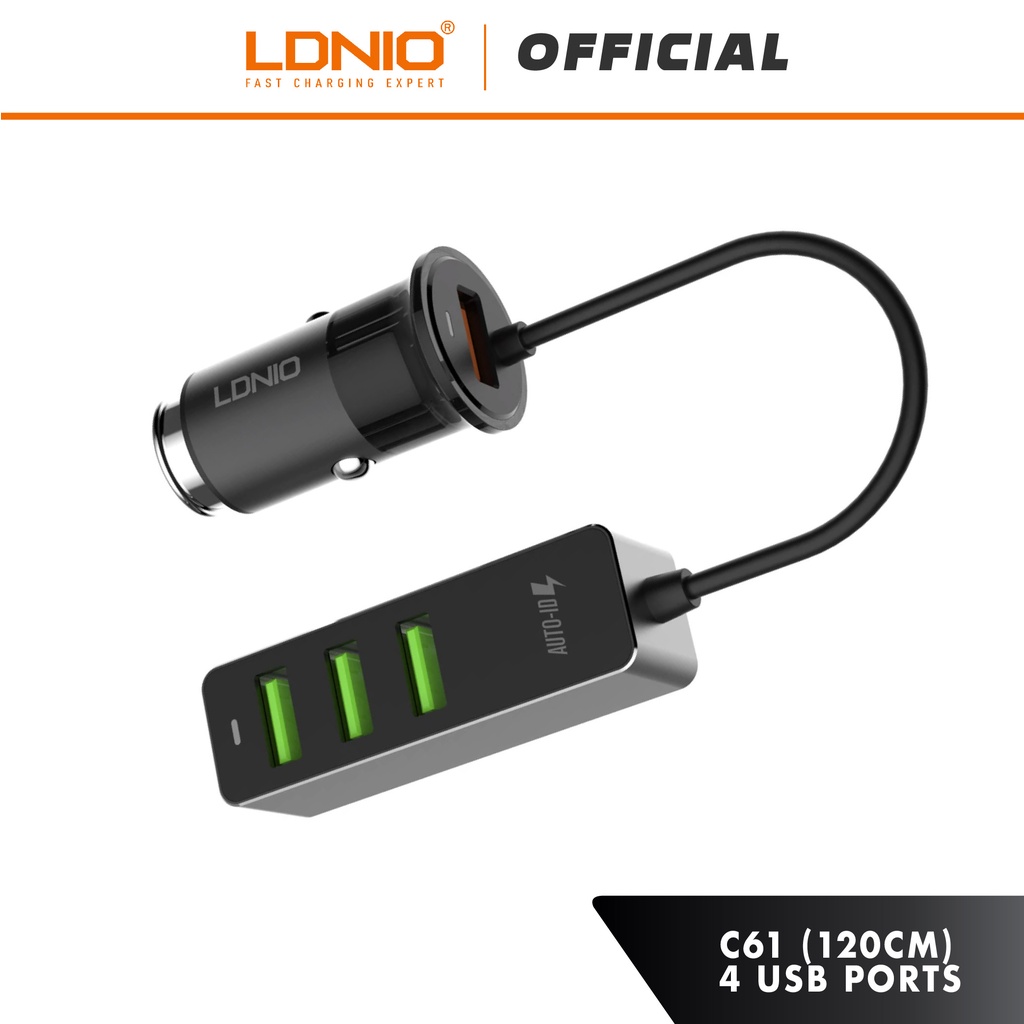 LDNIO C61 Combo Smart Fast 3.0 Car Charger with 4 USB Port & Cable (120cm)