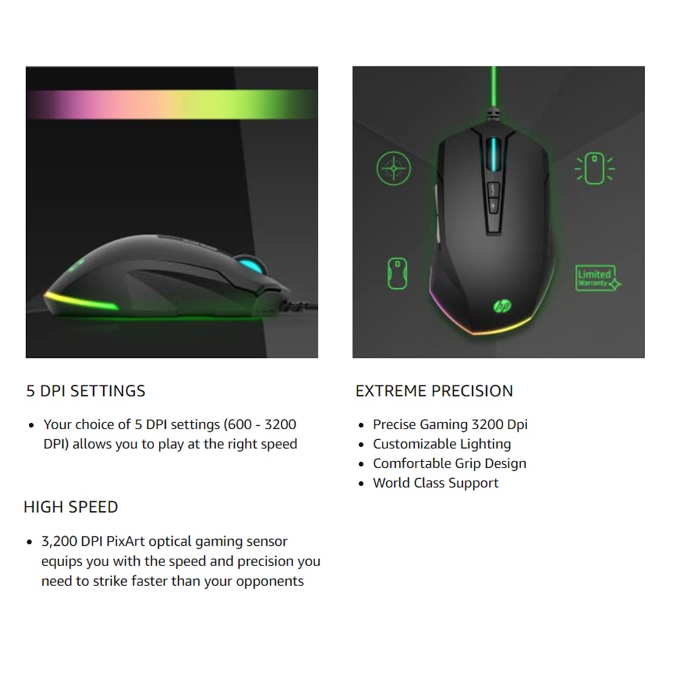 HP Pavilion Gaming Mouse 200 Features RGB Lighting 3,200 DPI Brand New