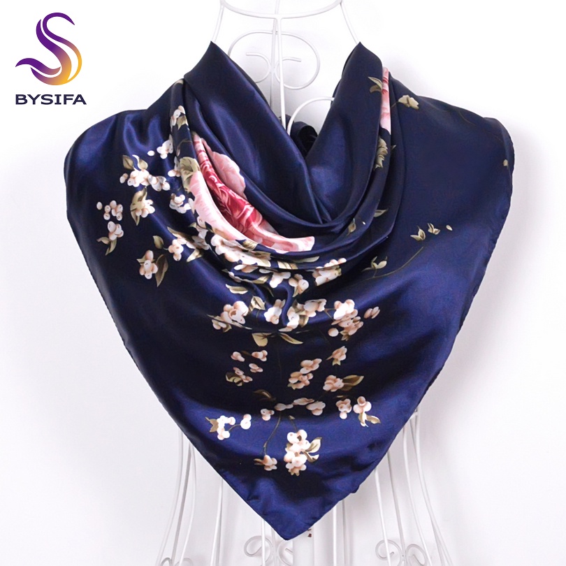 90-90CM Navy Blue Chinese Roses Large Square Scarves New Female Elegant Large Silk Scarf Fashion Ladies Accessories tudung sarung