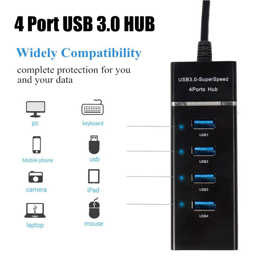 4-in-1 USB Hub Adapter High Speed USB 3.0/2.0 Hub Splitter 4 Port Data Hub with LED Lights for Laptop, PC Computer