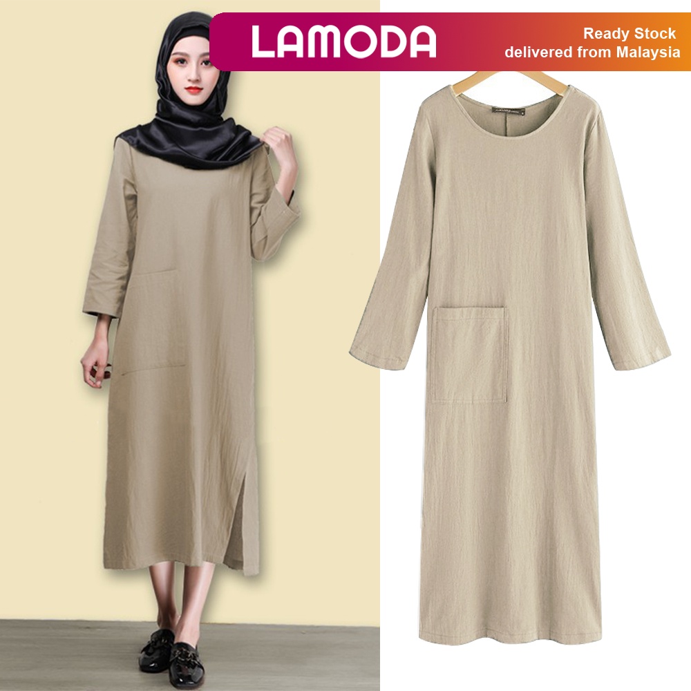 [S-5XL][Lamoda]FLAVIA Women Loose Solid Color Women Long Sleeve Long Dress Muslim Max Dress Casual Dress Ladies