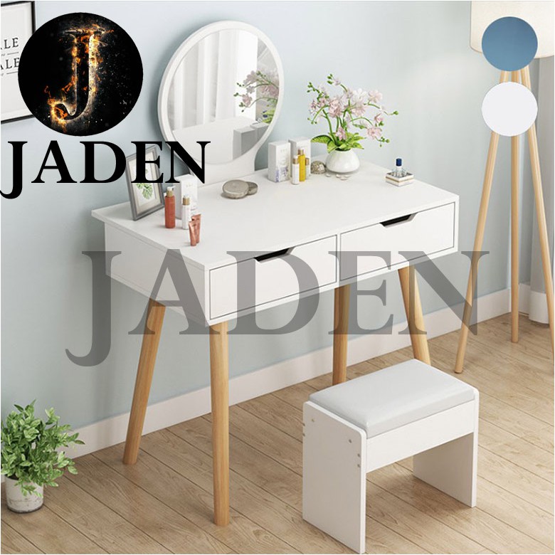 Jaden Simple Modern Vanity Dressing Table Set With Round Mirror 2 Sliding Drawers Makeup