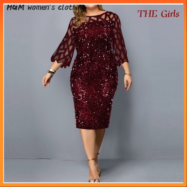 Party Dress Plus Size Ladies Midi Sequined Mesh Long-Sleeved Lace