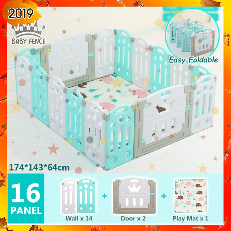 shopee: EVERY1 BABY FENCE (BF138) Easy Foldable 12/14/16/18/20/22 Panels Kid Safety Gaming Fence Baby Play Yard Playpen with Mat (0:2:Variation:16 (14+2) Foldable;1:2:Ocean Ball:Without Ocean Ball)