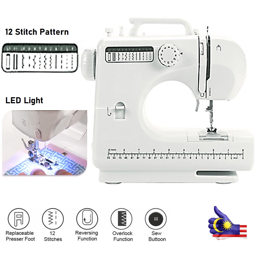 12 Stitch Option Electric Sewing Machine Dual Speed Auto Winding Reverse + LED Light / Mesin Jahit