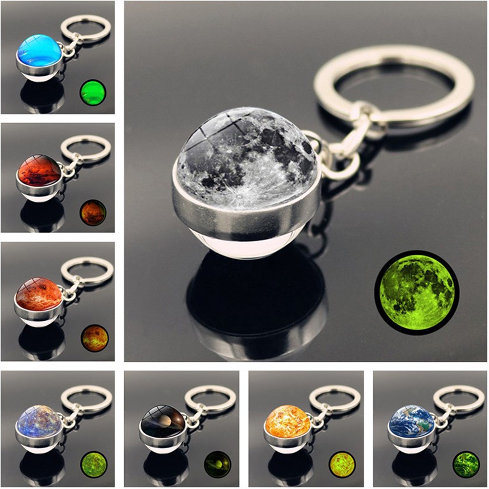 Galaxy Planet Luminous Keychain Solar System Art Picture Double Side Glass Ball Charms Moon Earth Astronomy Lovers Souvenirs