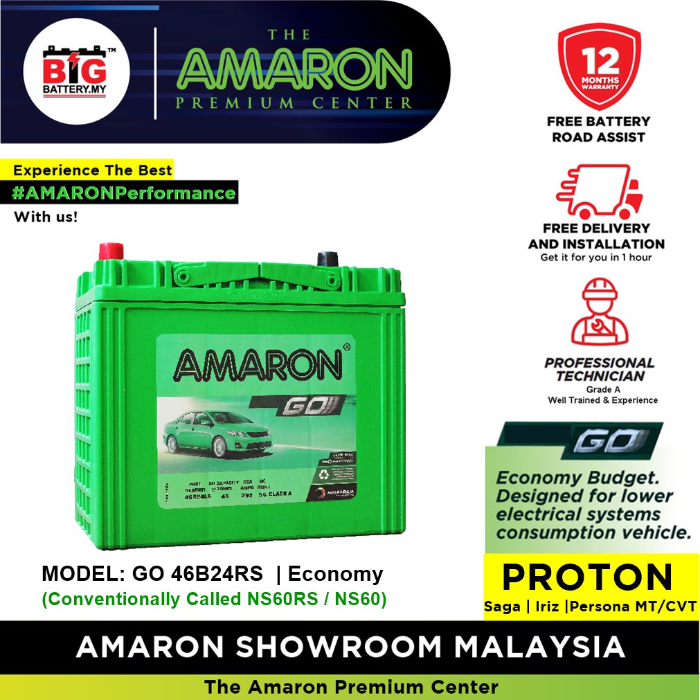 46B24RS  NS60RS  AMARON GO  ECONOMY Series  Car Battery PROTON 