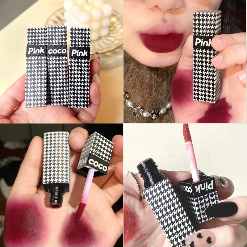 Pink COCO Houndstooth Lipstick Plum Wine Lip Glaze Matte Lip Clay