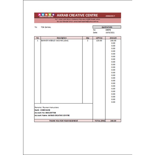 Sebut Harga Quotation Auto Calculate In Excel Shopee Malaysia