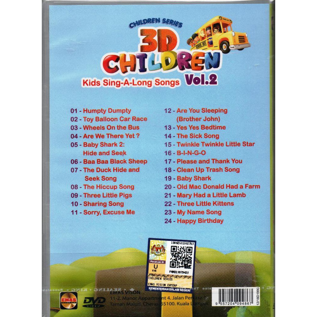 Children Songs CD+DVD 3D Children Kids Sing-A-Long Songs 2 (24Songs)