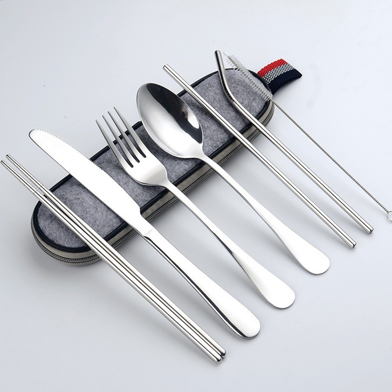Cleaning Brush 8 Piece Kpop BTS Bangtan Boys Travel Camping Cutlery Set Chopsticks Knife Spoon Fork Alikpop Portable Lunch Utensils Set with Case and Straw Black Straight Straw 