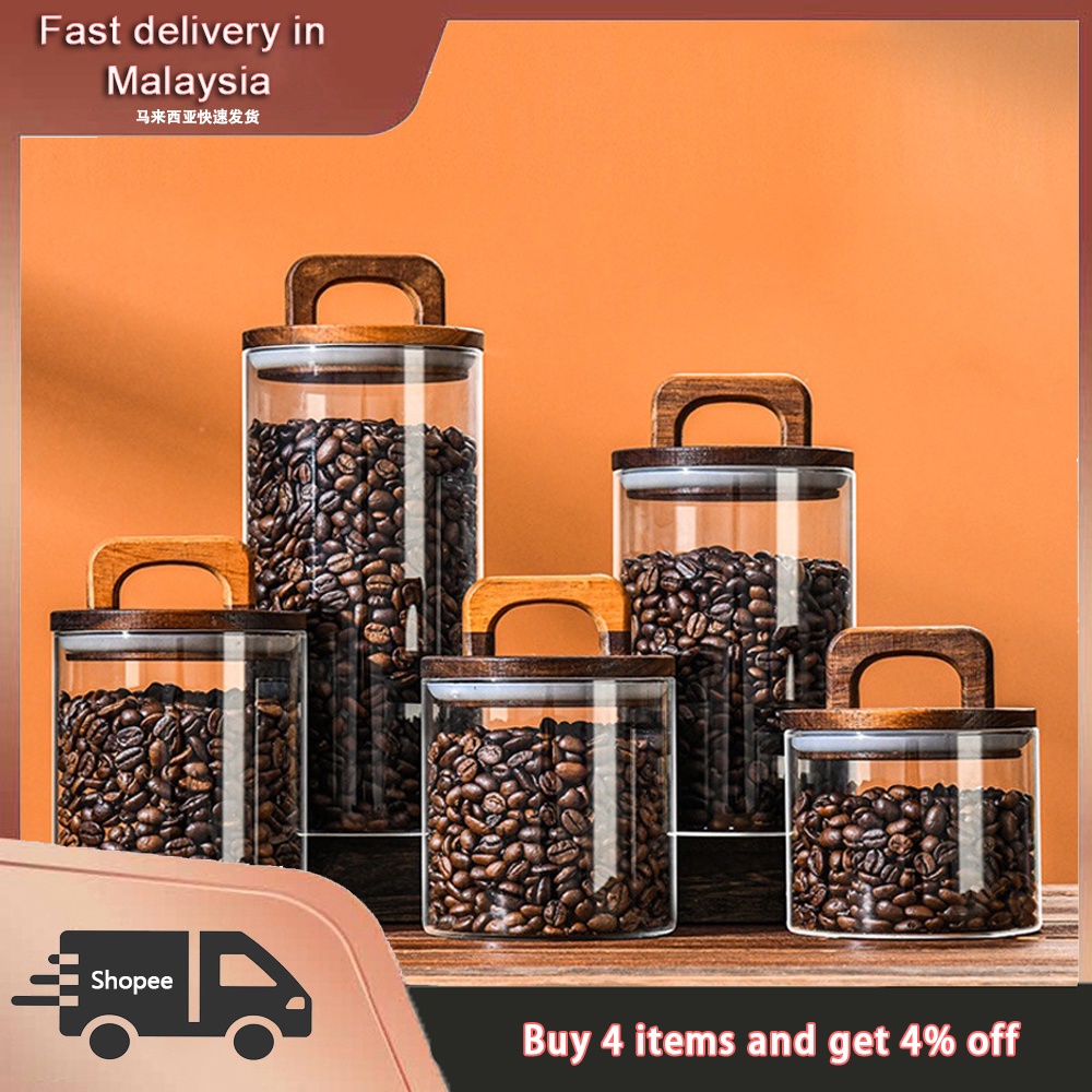 Vintage wooden lid wooden lid Glass airtight jars Transparent borosilicate glass with handle