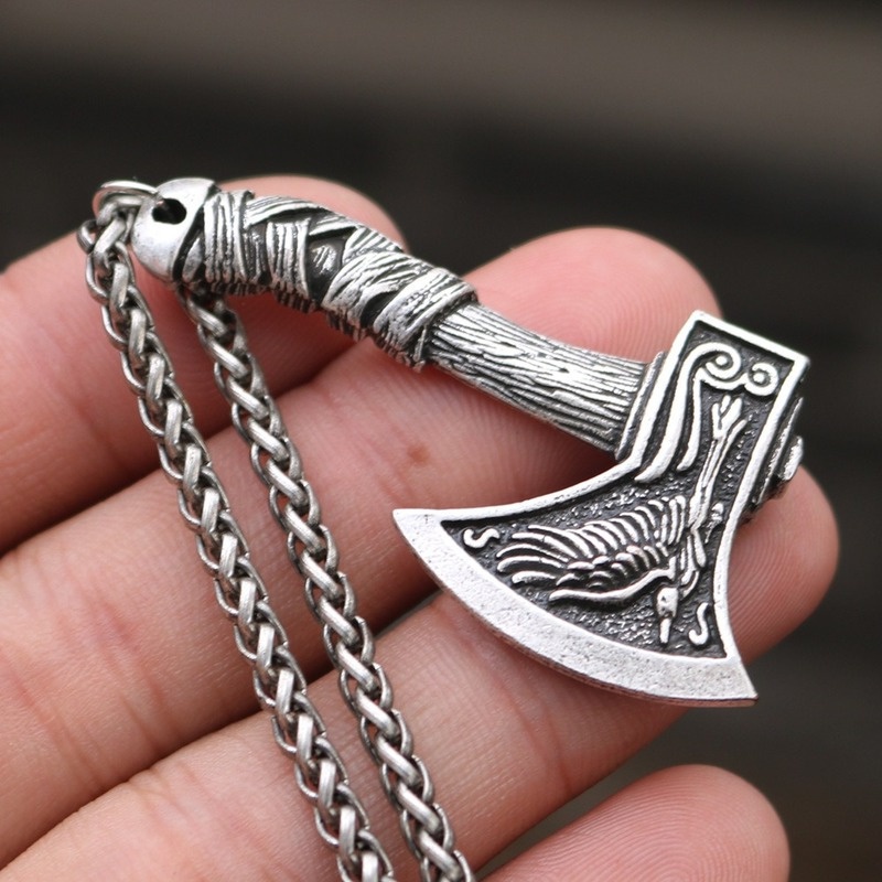 Men's Fashion Retro Viking Celtic Wolf Crow Double Sided Axe Pendant Necklace Punk Jewelry