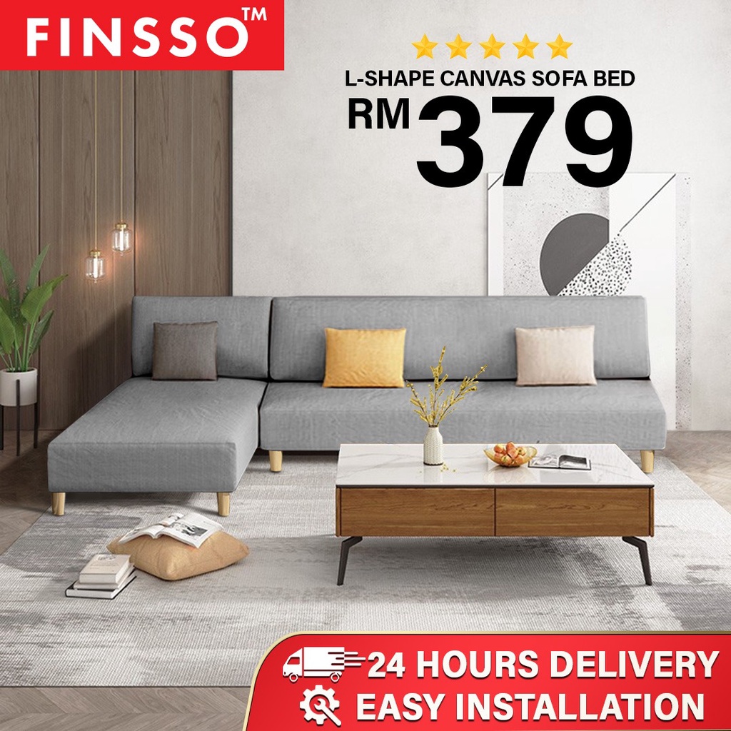 FINSSO: Kingsley L Shape Sofa / 4 Seater Foldable Sofa Bed / Canvas fabric 2 in 1 with 1 Year Warranty