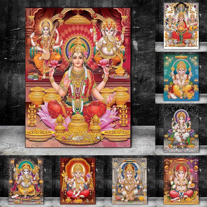 India Hindu Gold GaneshaTemple Elephant God Painting Wall Art Canvas Posters Prints Religion