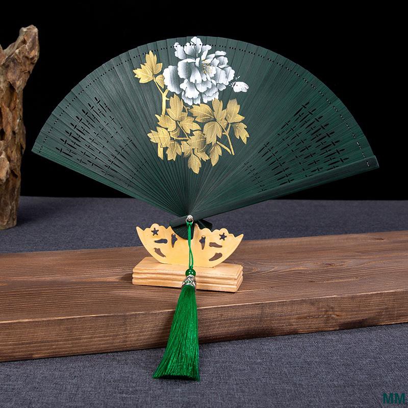 Chinese Wooden Bamboo Folding Hand Fan Wedding Party Flower Pattern GB