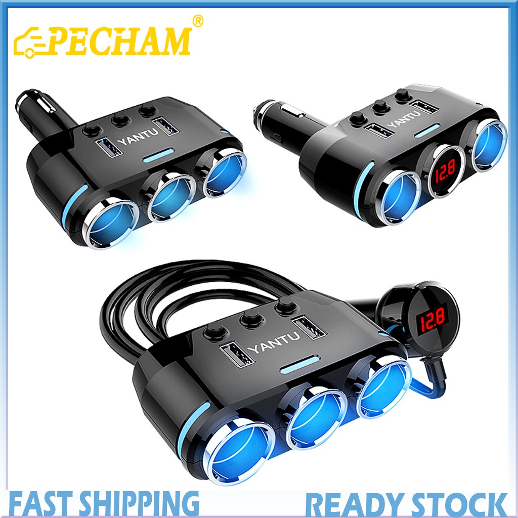 PECHAM Dual USB Port car charger 3-port full-function car plug Car Charger DC 12V/24V Outlet Multifunctional Car Splitter 3.1A 100W