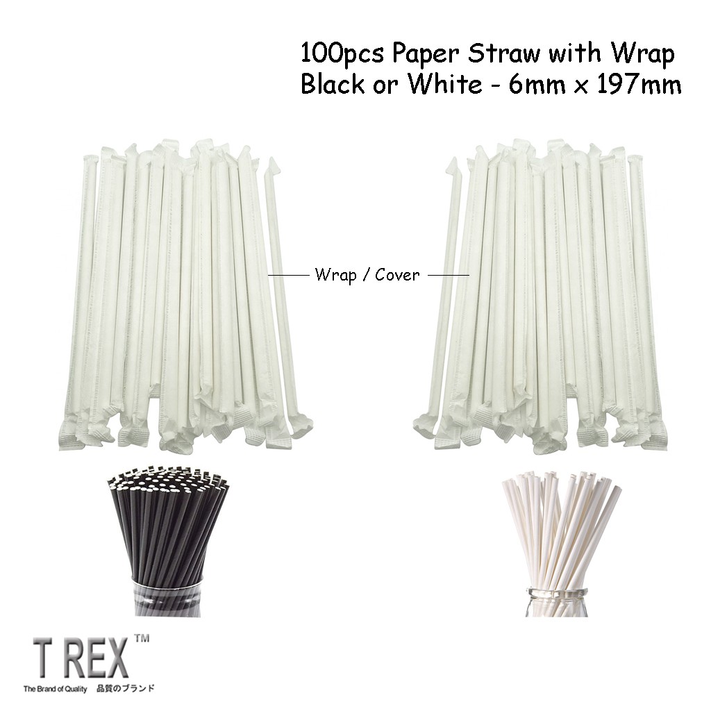 100pcs Paper Straw 6mm X 197mm Black Or White With Wrap Cover Kertas