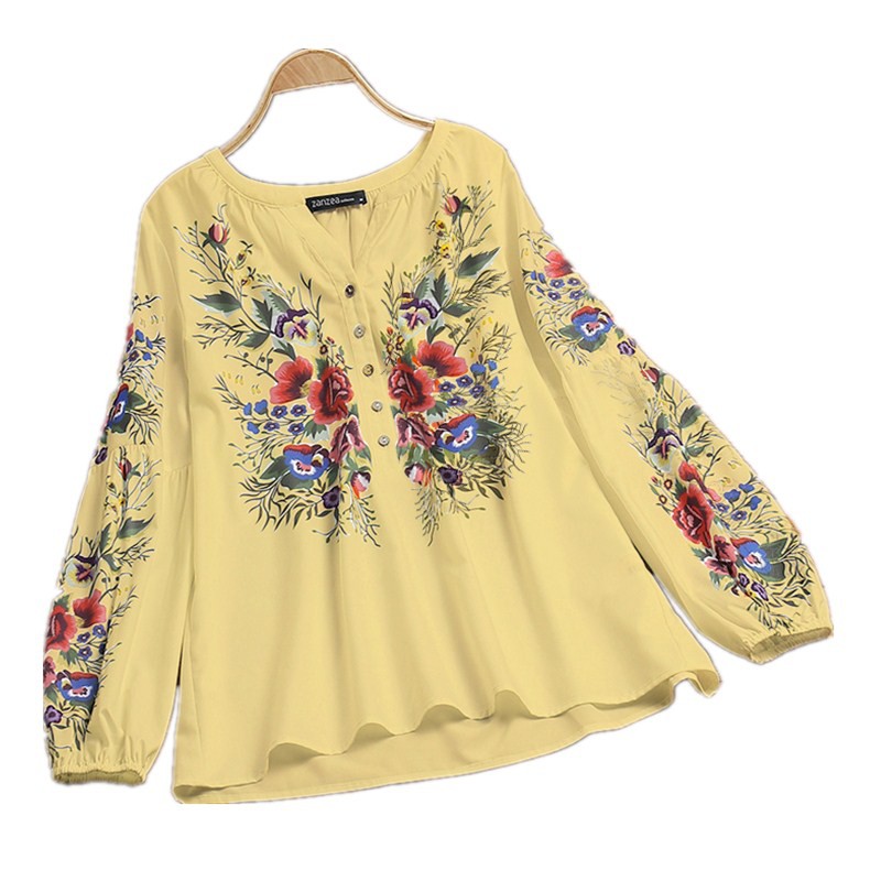 ZANZEA Women Buttons V Neck Long Sleeve Loose Printed Casual Blouse ...