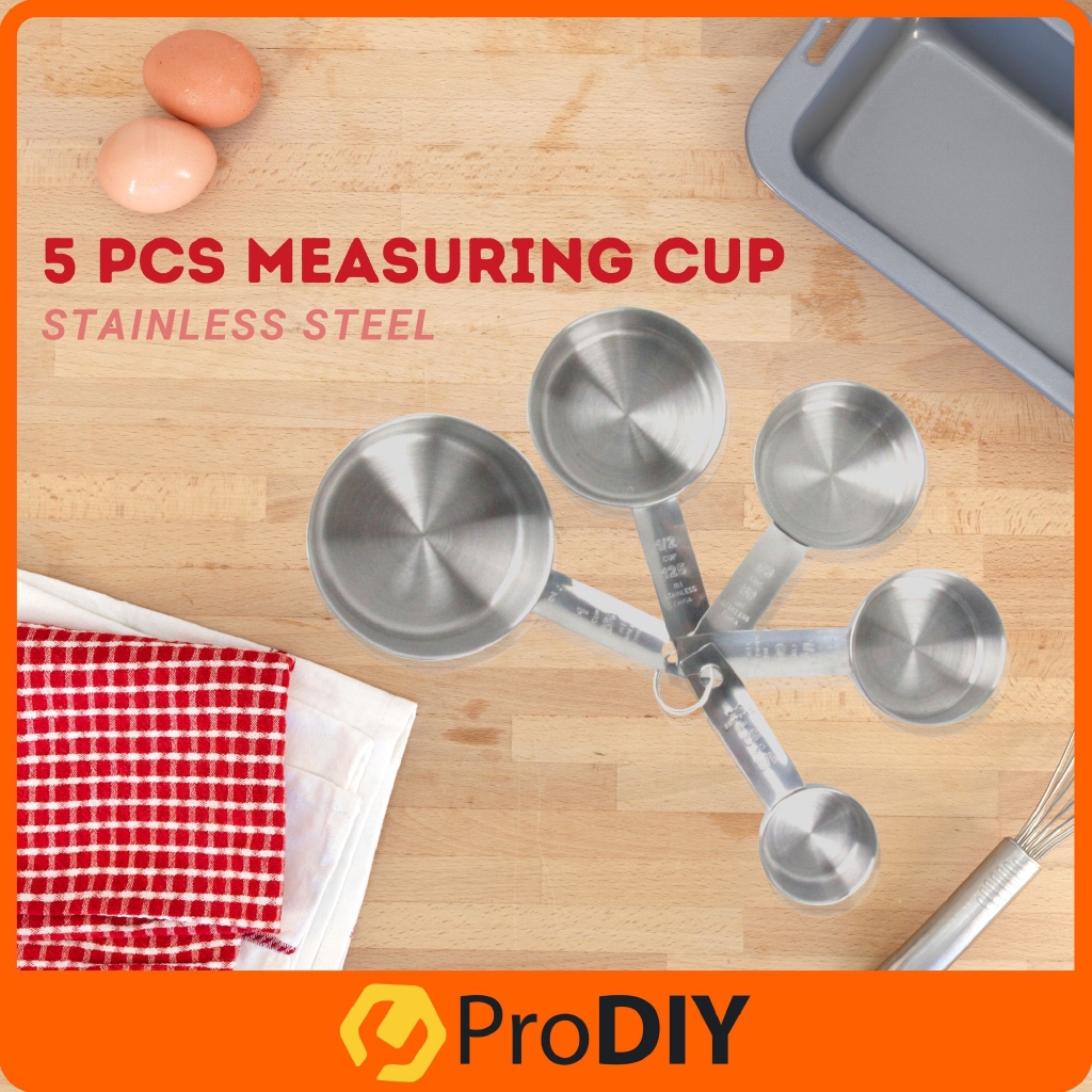 5PCS Stainless Steel Measuring Cups Spoon Set for Dry Foods, Spices or Liquids Kitchen Gadgets Cawan Buat Kek