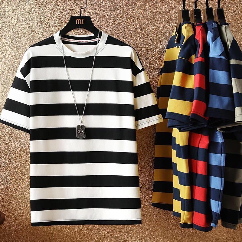 Hot sale！t shirt 2021 lelaki baru T-shirt lengan pendek bergaris musim panas lengan pendek versi Korea longgar trend fesyen baju kasual lelaki prepare for shipment men shirt