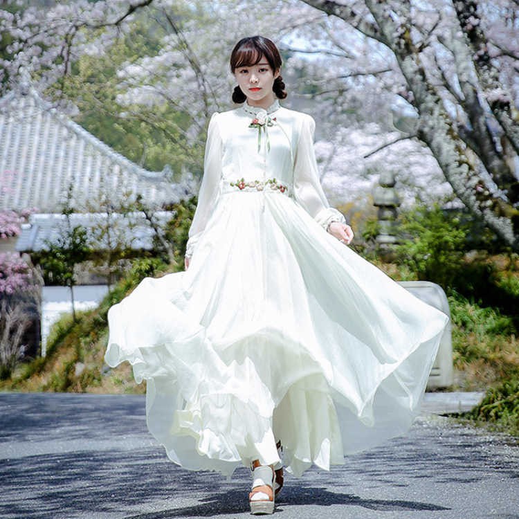 long sleeve floor length white dresses