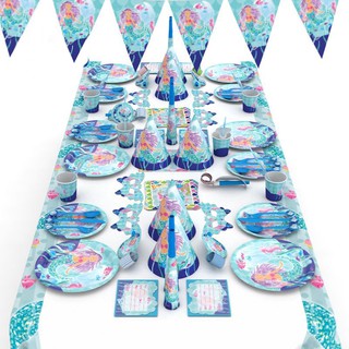 [M’sia Ready Stock] Mermaid Theme Birthday Party Decoration Girl Kid Birthday Paper Plate Cup Fork Spoon Set