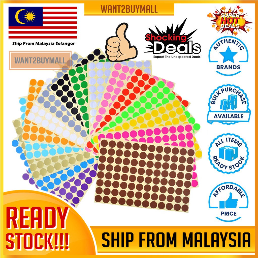 1 Sheet Round Circle Bulat Dot Self Adhesive Color Label Remark Code Gift Packaging Colour Sticker Assorted Size