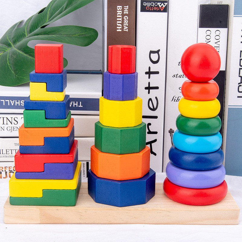 Children Wood Rainbow Geometric Shapes Building Blocks Tower Toys for Children Three Shapes with Wooden Base Kindergarten Toys