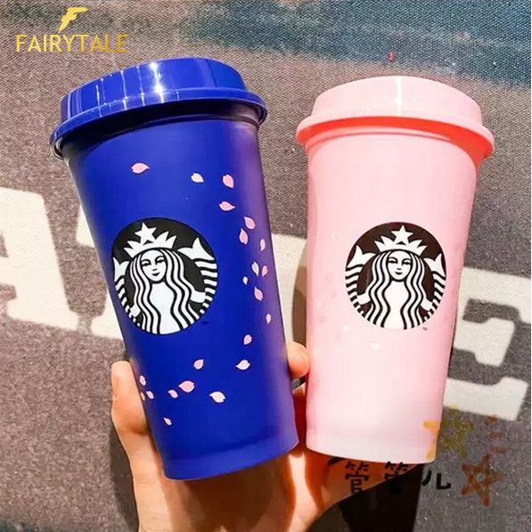 ★【New】Reusable Starbucks Tumbler Hot Cups Cold Cup Sakura Cherry Blossom Coffee Heritage Color Changing Holly Cat Tumbler Mug.fairytale